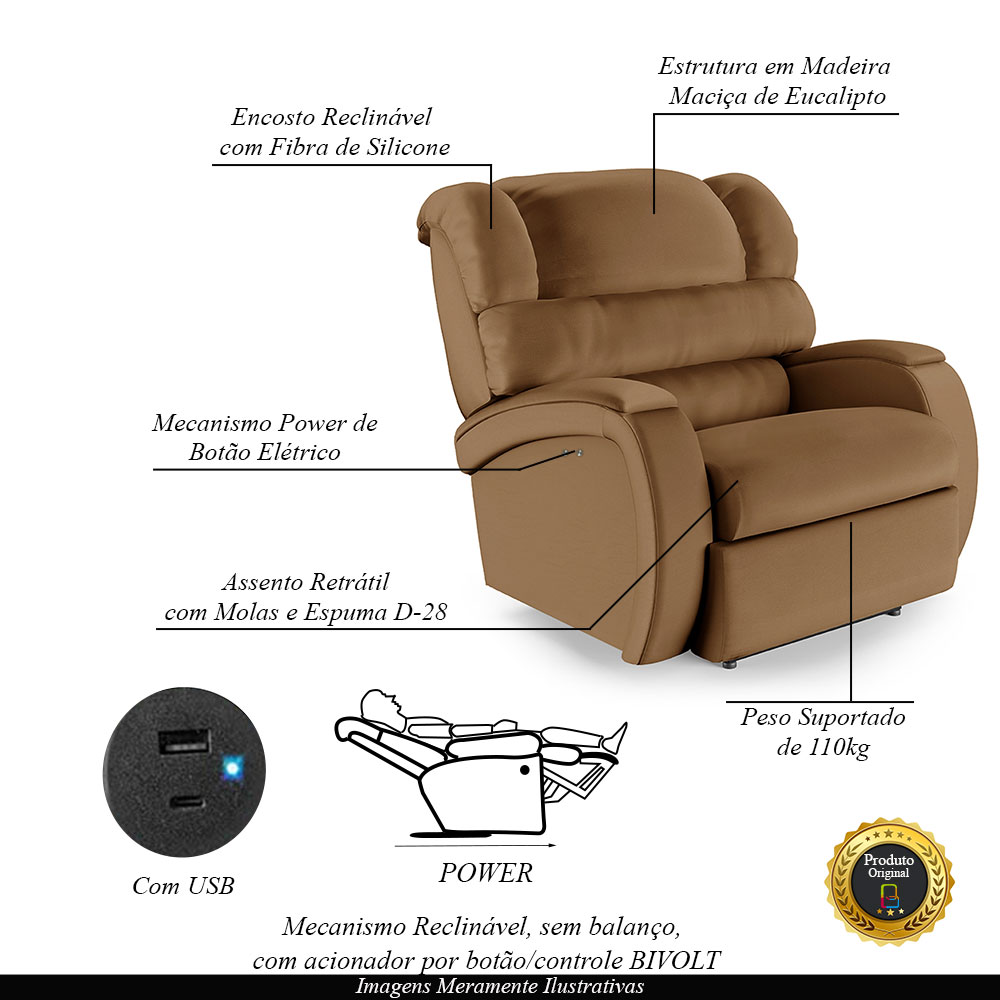 Poltrona do Papai Sala de Cinema Reclinável Kylie Power Touch USB PU Caramelo G23