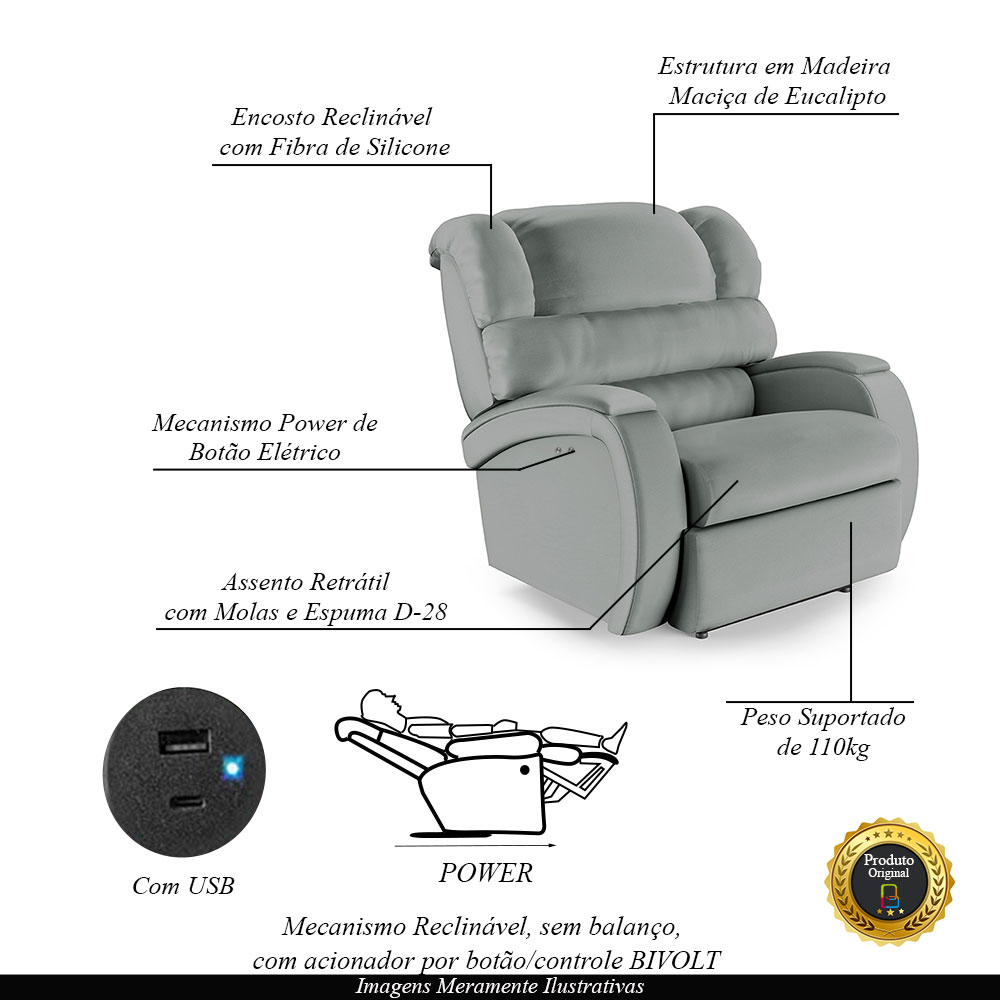 Poltrona do Papai Sala de Cinema Reclinável Kylie Power Touch USB PU Cinza G23