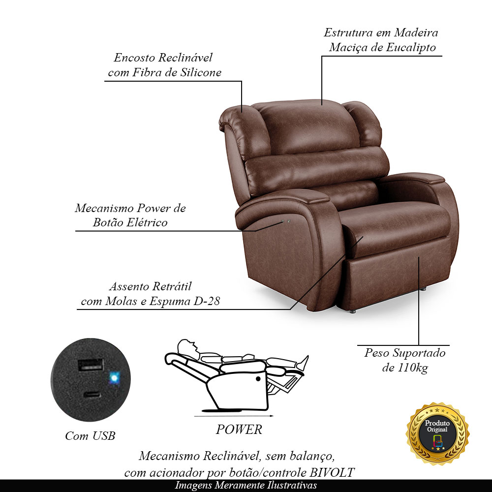 Poltrona do Papai Sala de Cinema Reclinável Kylie Power Touch USB PU Marrom Brilho G23