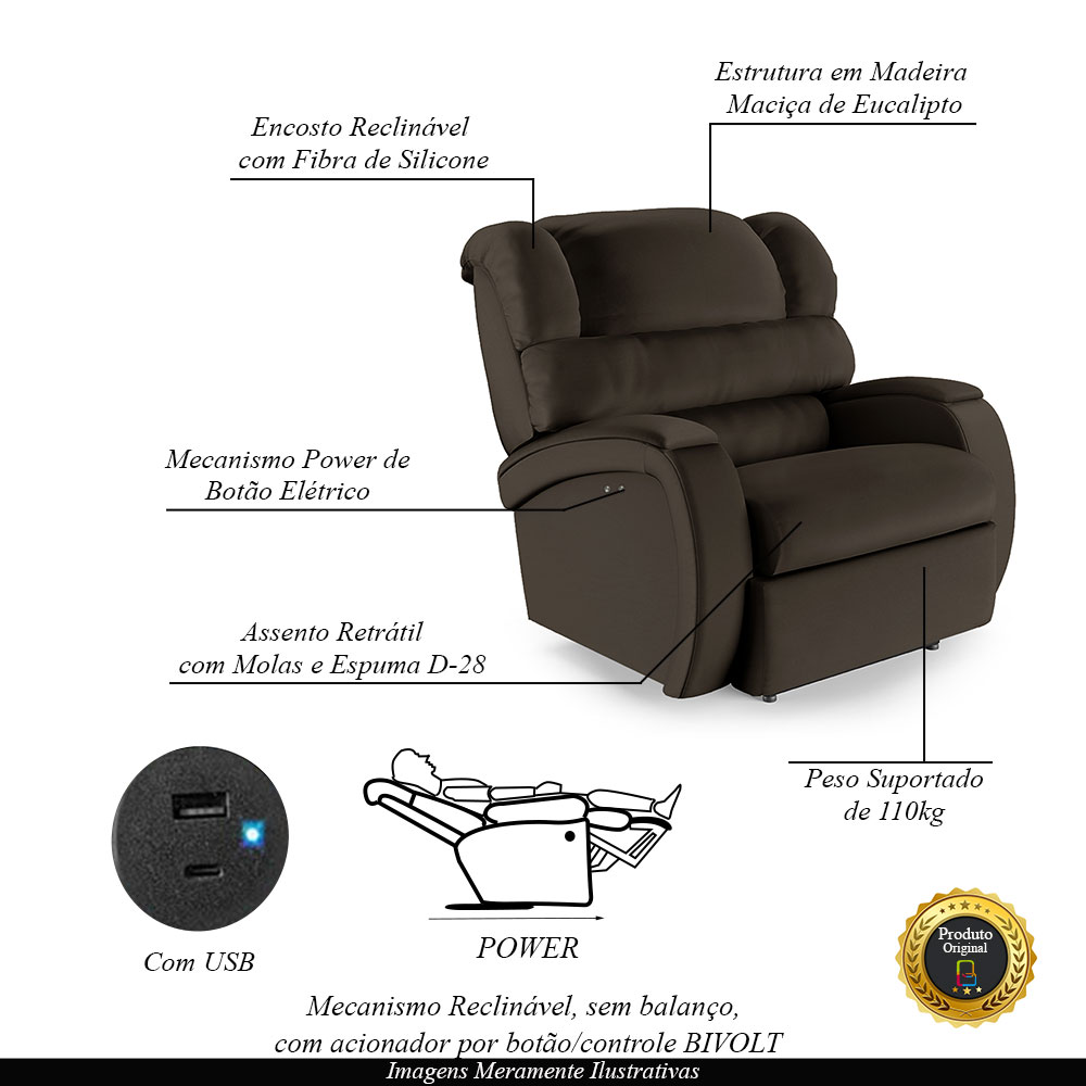 Poltrona do Papai Sala de Cinema Reclinável Kylie Power Touch USB PU Marrom G23