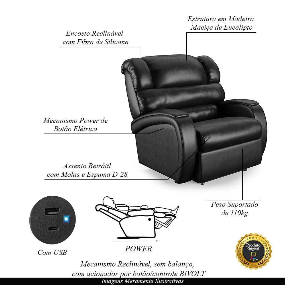 Poltrona do Papai Sala de Cinema Reclinável Kylie Power Touch USB PU Preto Brilho G23