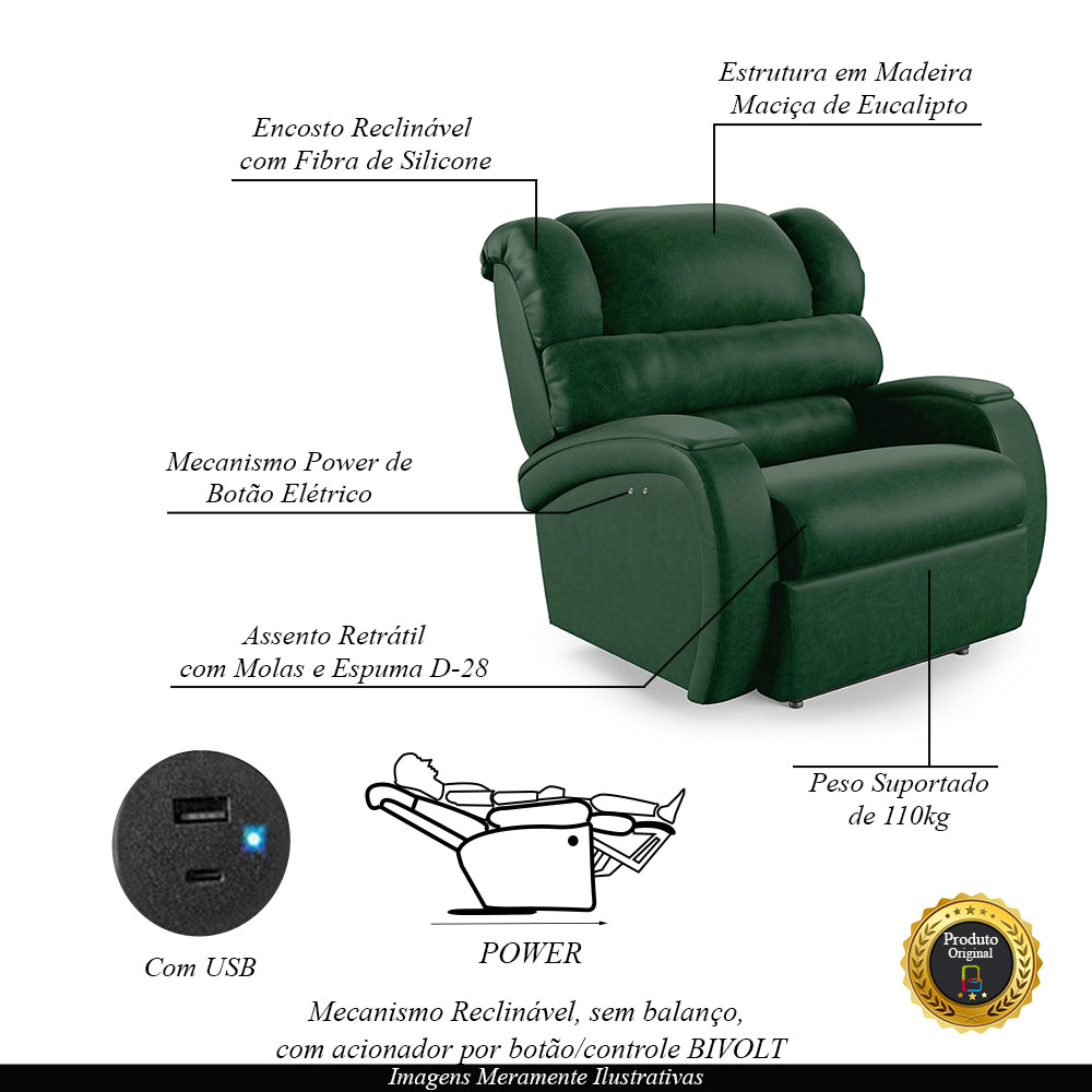 Poltrona do Papai Sala de Cinema Reclinável Kylie Power Touch USB PU Verde Musgo G23