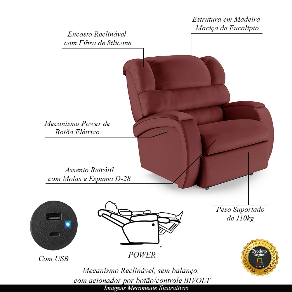 Poltrona do Papai Sala de Cinema Reclinável Kylie Power Touch USB PU Vermelho G23