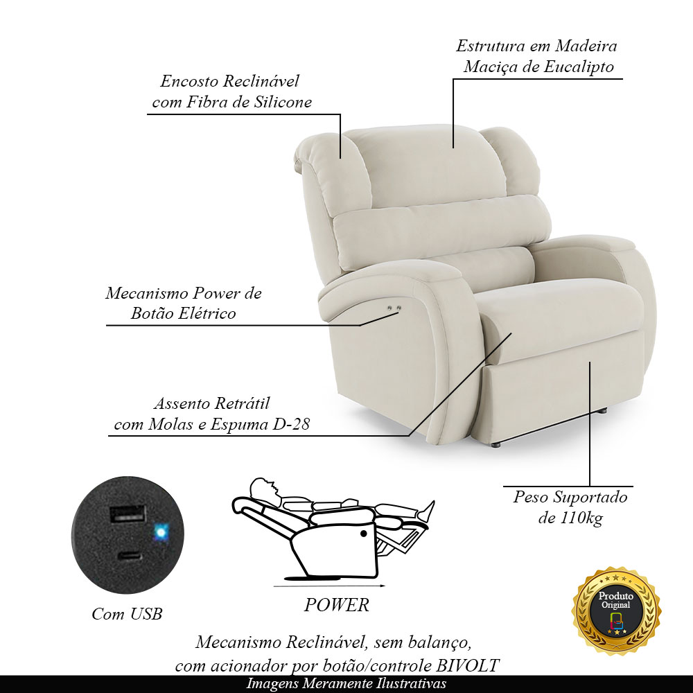 Poltrona do Papai Sala de Cinema Reclinável Kylie Power Touch USB Veludo Bege G23