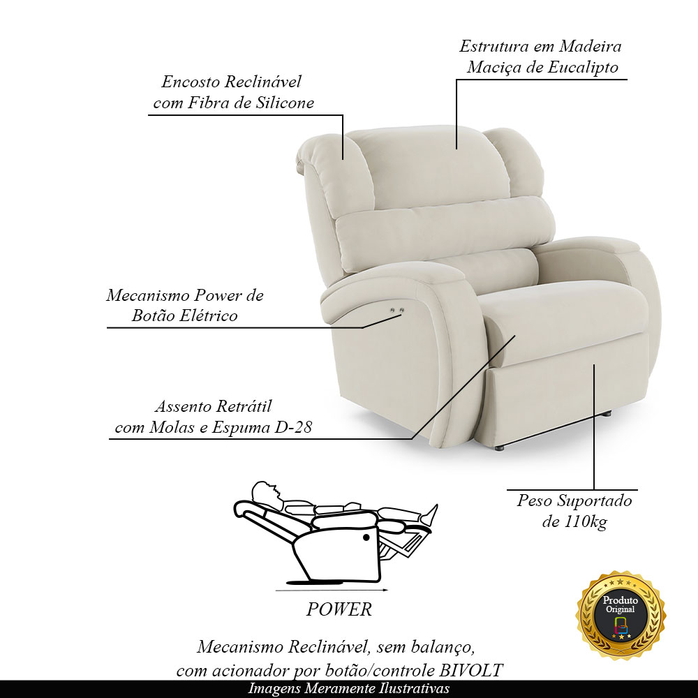 Poltrona do Papai Sala de Cinema Reclinável Kylie Power Touch Veludo Bege G23