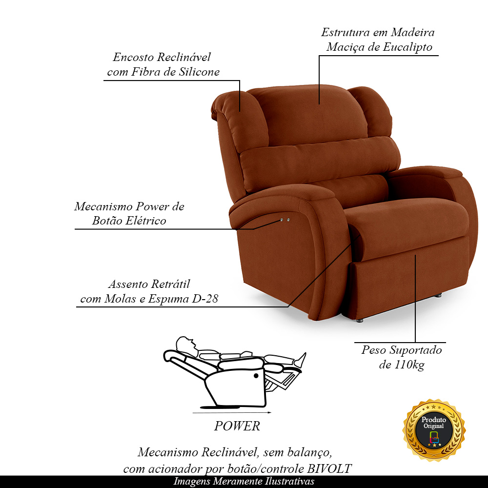 Poltrona do Papai Sala de Cinema Reclinável Kylie Power Touch Veludo Terracota G23