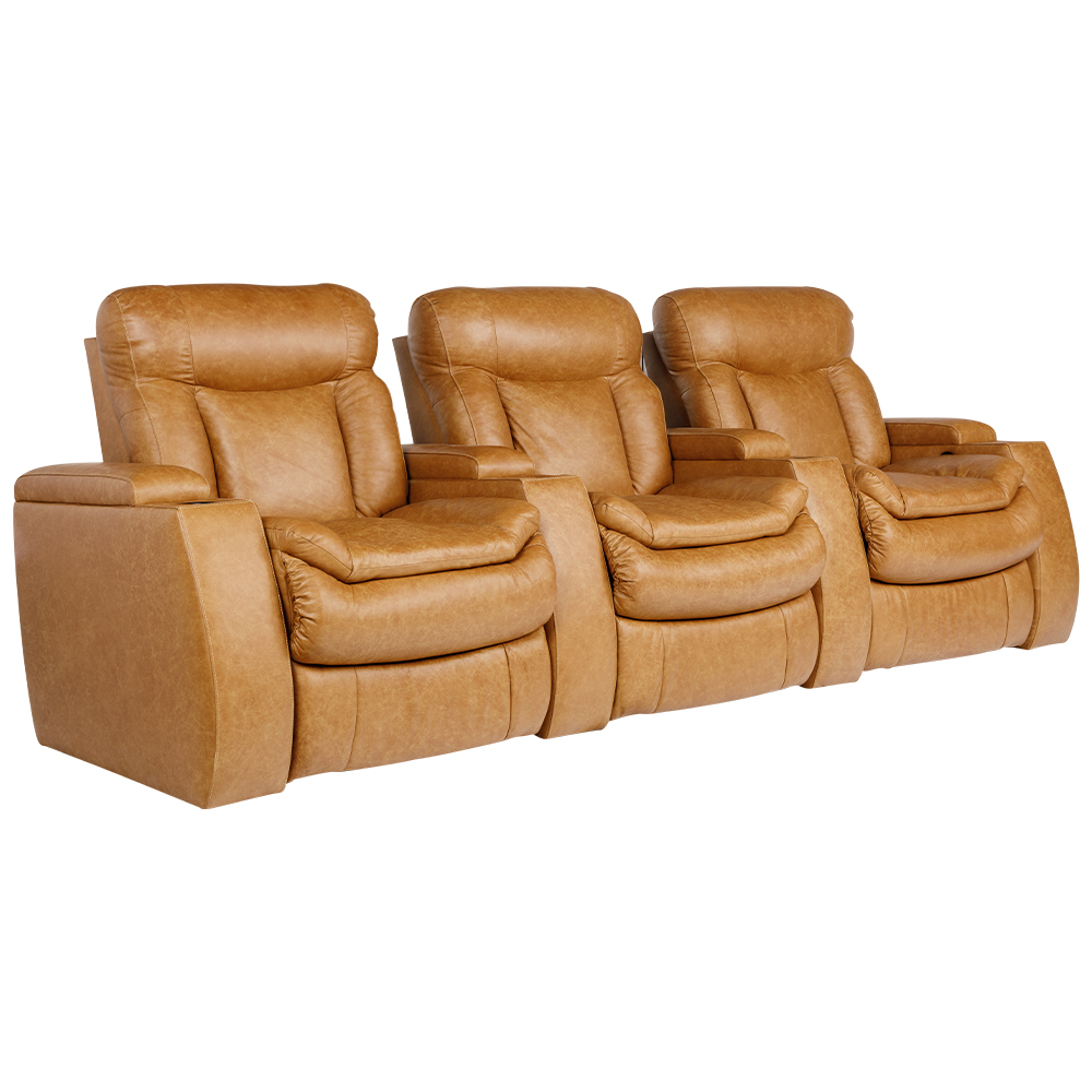 Poltrona do Papai Tripla Reclinável Sala de Cinema Yellowstone Elétrica Porta-Copos LED Couro Caramelo G86 - Gran Belo