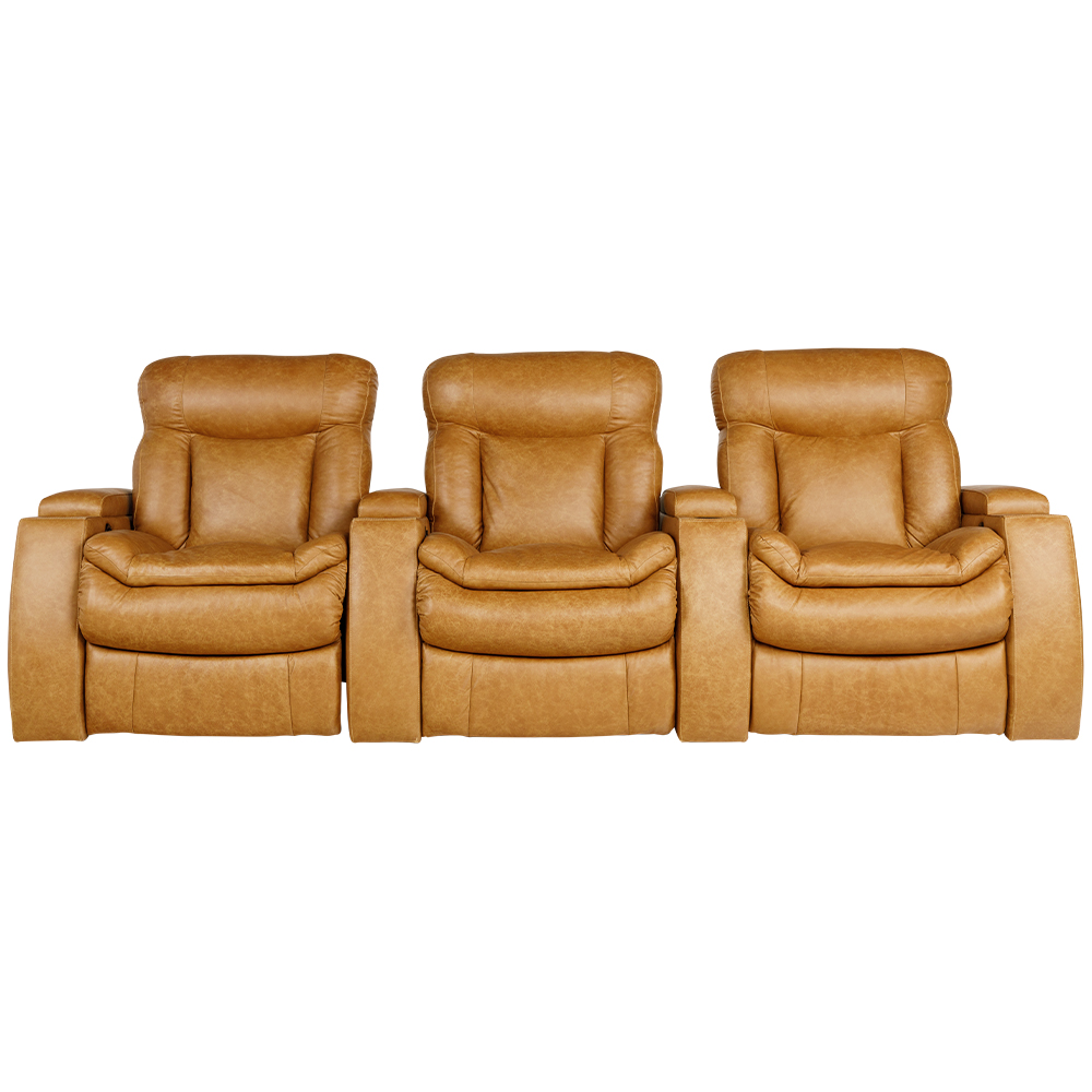 Poltrona do Papai Tripla Reclinável Sala de Cinema Yellowstone Elétrica Porta-Copos LED Couro Caramelo G86 - Gran Belo