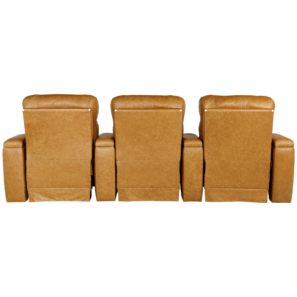 Poltrona do Papai Tripla Reclinável Sala de Cinema Yellowstone Elétrica Porta-Copos LED Couro Caramelo G86 - Gran Belo