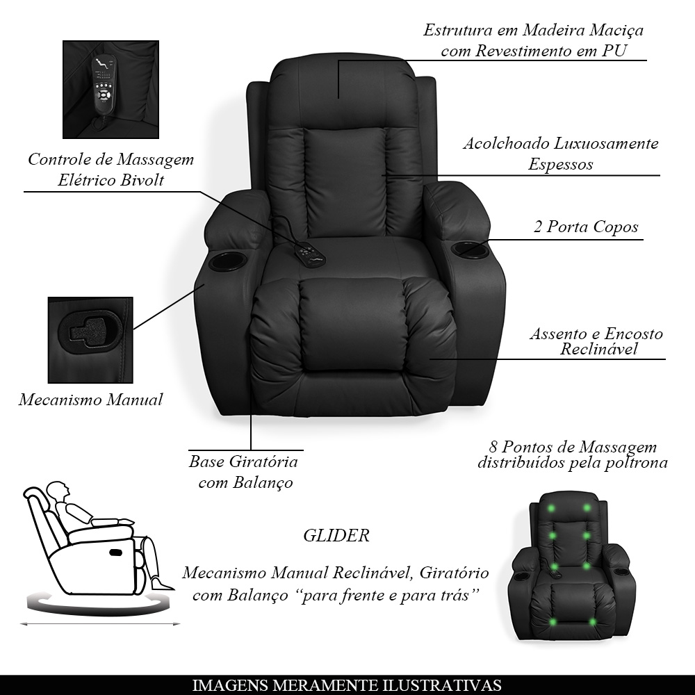 Poltrona do Papai com Massagem e Aquecimento Reclinável Austin Balanço Giratória PU Preto G31 - Gran Belo