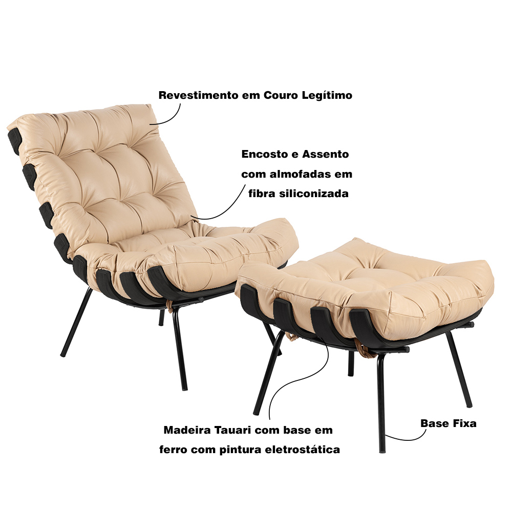 Poltrona e Puff Decorativos Sala de Estar Costela Base Preta Couro Bege G34 - Gran Belo