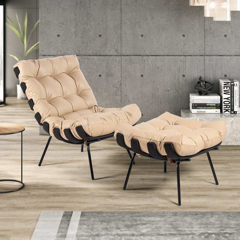 Poltrona e Puff Decorativos Sala de Estar Costela Base Preta Couro Bege G34 - Gran Belo