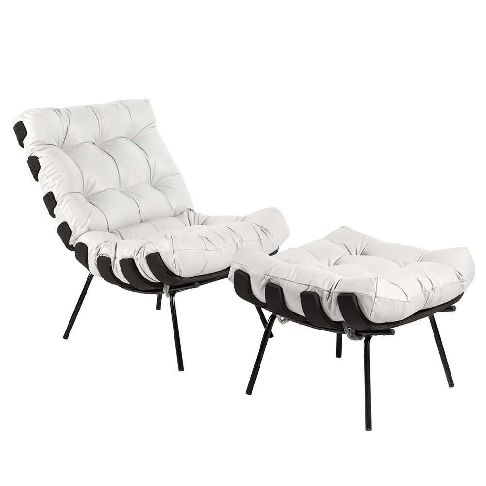 Poltrona e Puff Decorativos Sala de Estar Costela Base Preta Couro Branco G34 - Gran Belo