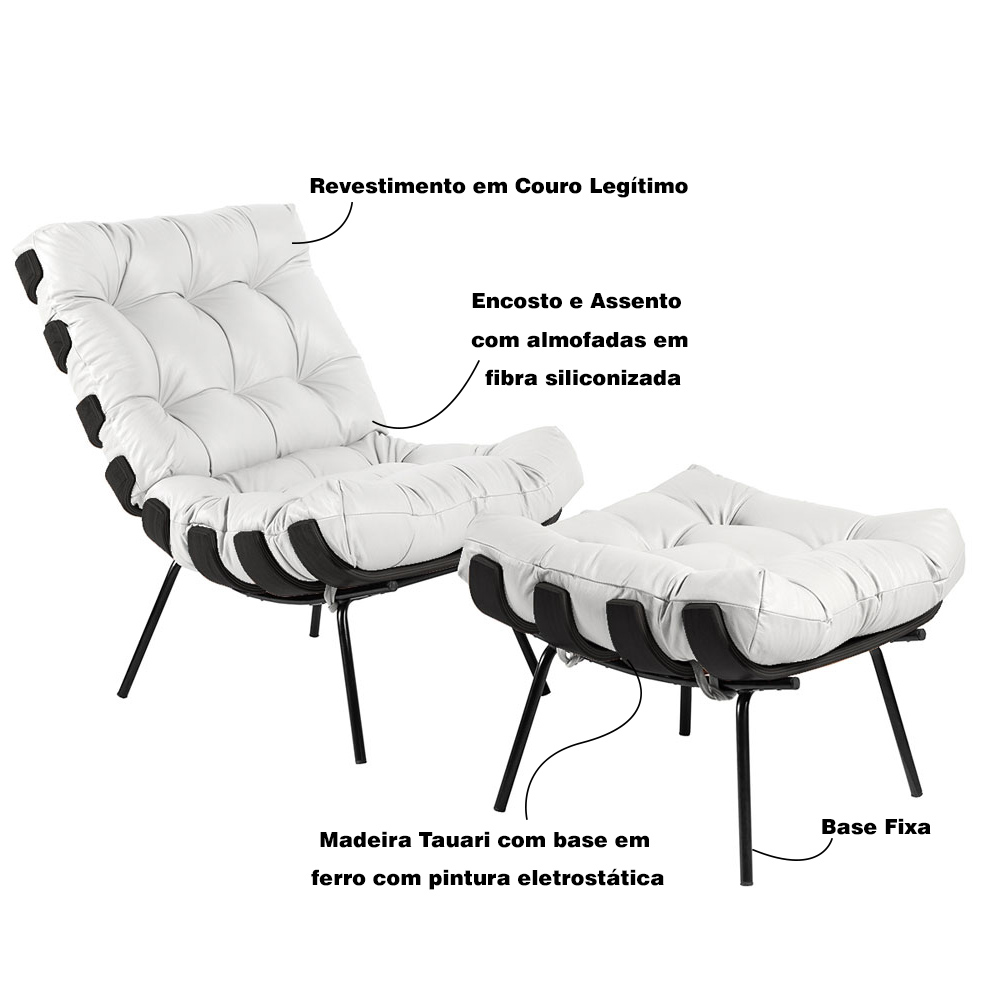Poltrona e Puff Decorativos Sala de Estar Costela Base Preta Couro Branco G34 - Gran Belo