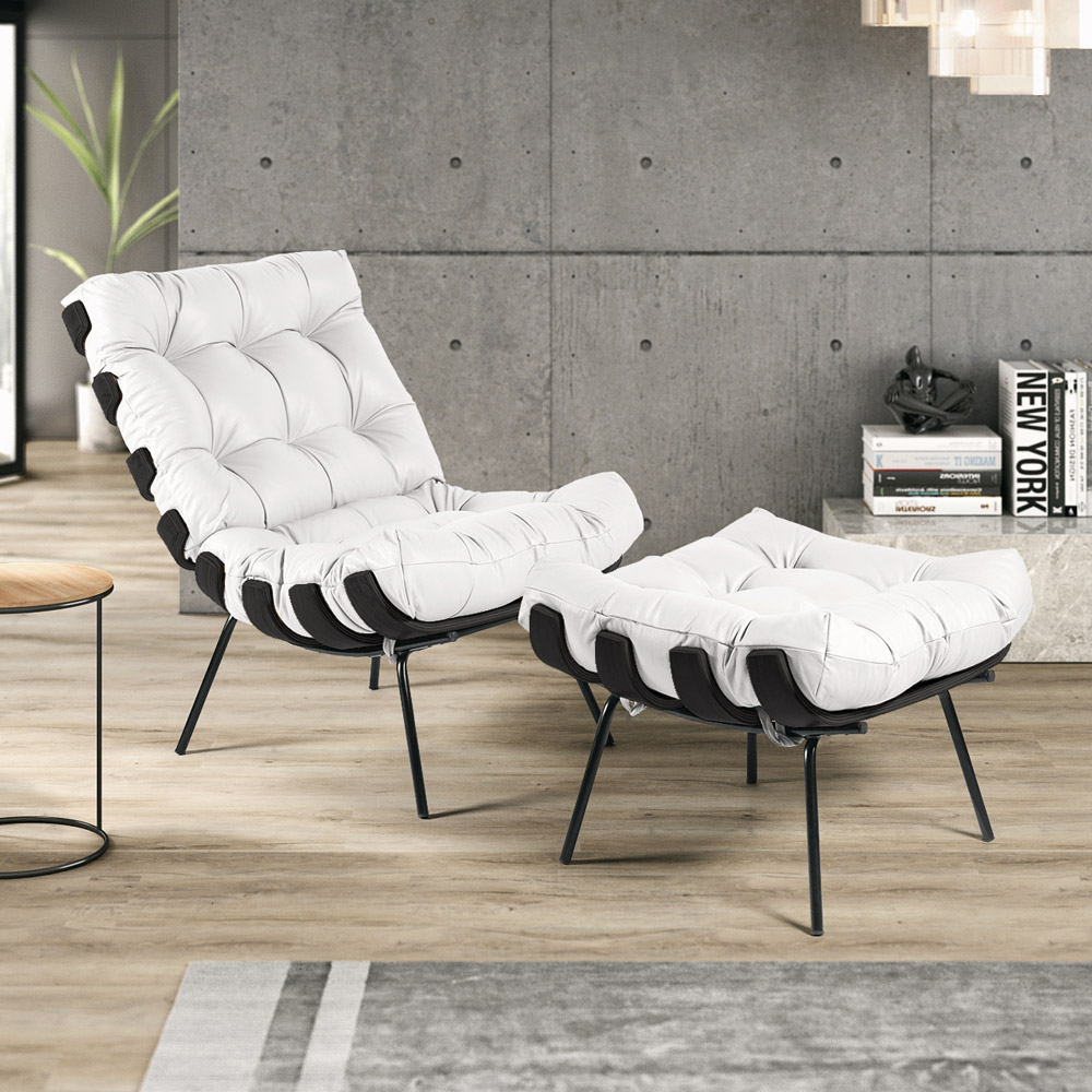 Poltrona e Puff Decorativos Sala de Estar Costela Base Preta Couro Branco G34 - Gran Belo