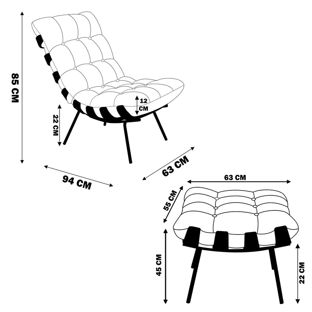 Poltrona e Puff Decorativos Sala de Estar Costela Base Preta Couro Marrom G34 - Gran Belo