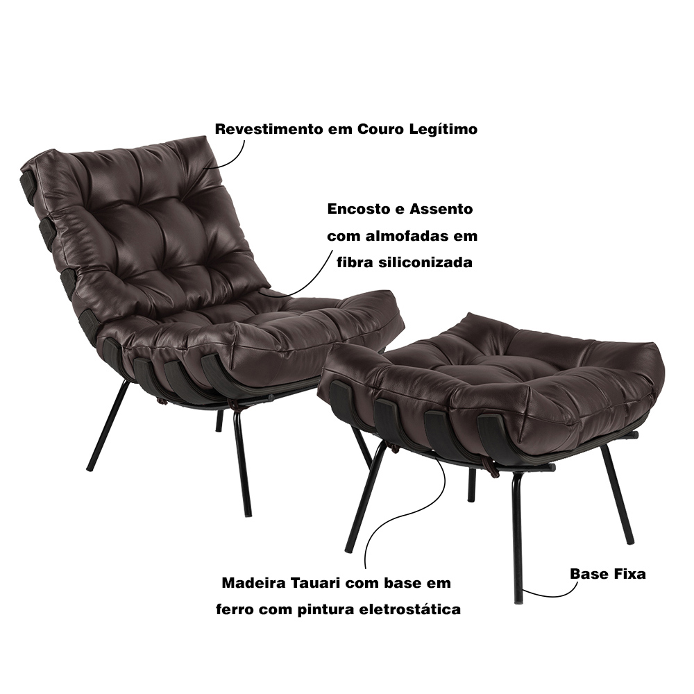 Poltrona e Puff Decorativos Sala de Estar Costela Base Preta Couro Marrom G34 - Gran Belo