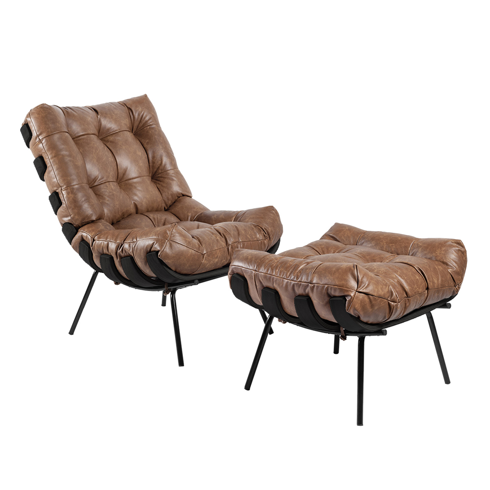 Poltrona e Puff Decorativos Sala de Estar Costela Base Preta Couro Mel G34 - Gran Belo