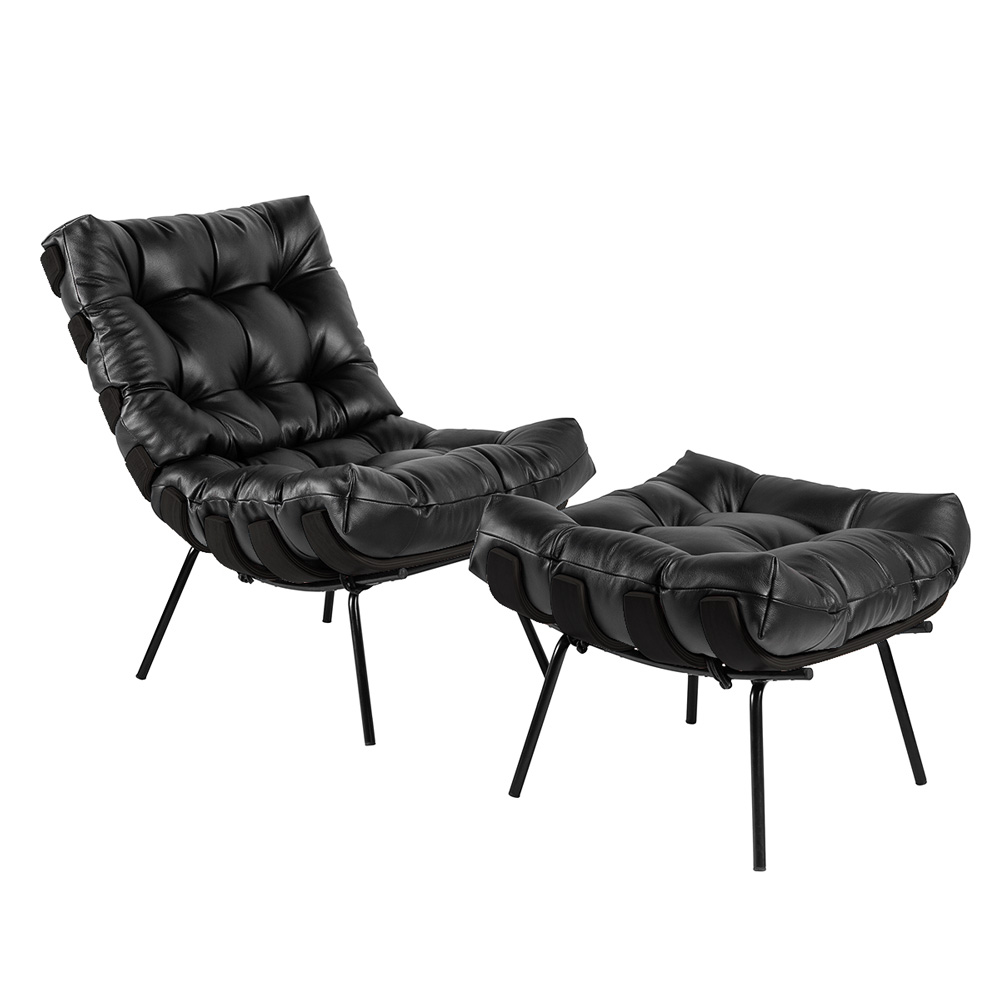 Poltrona e Puff Decorativos Sala de Estar Costela Base Preta Couro Preto G34 - Gran Belo