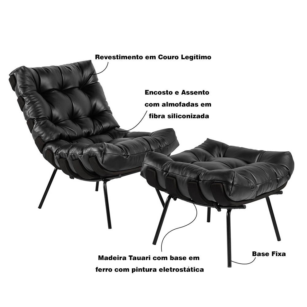 Poltrona e Puff Decorativos Sala de Estar Costela Base Preta Couro Preto G34 - Gran Belo