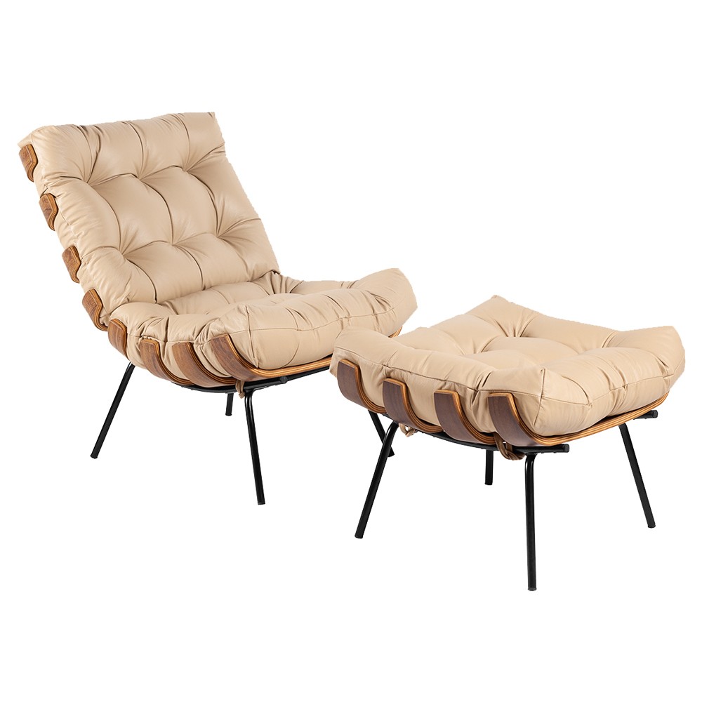 Poltrona e Puff Decorativos Sala de Estar Costela Couro Bege - Gran Belo