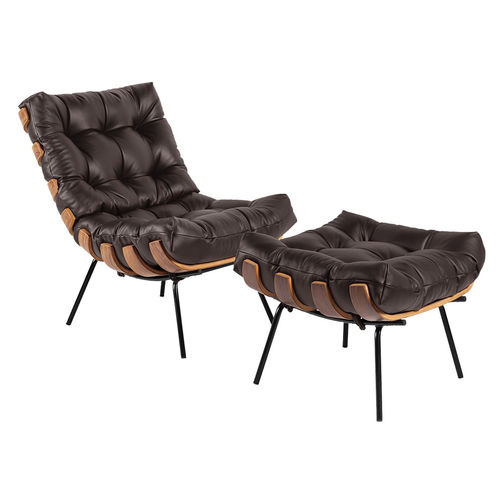 Poltrona e Puff Decorativos Sala de Estar Costela Couro Marrom G34 - Gran Belo
