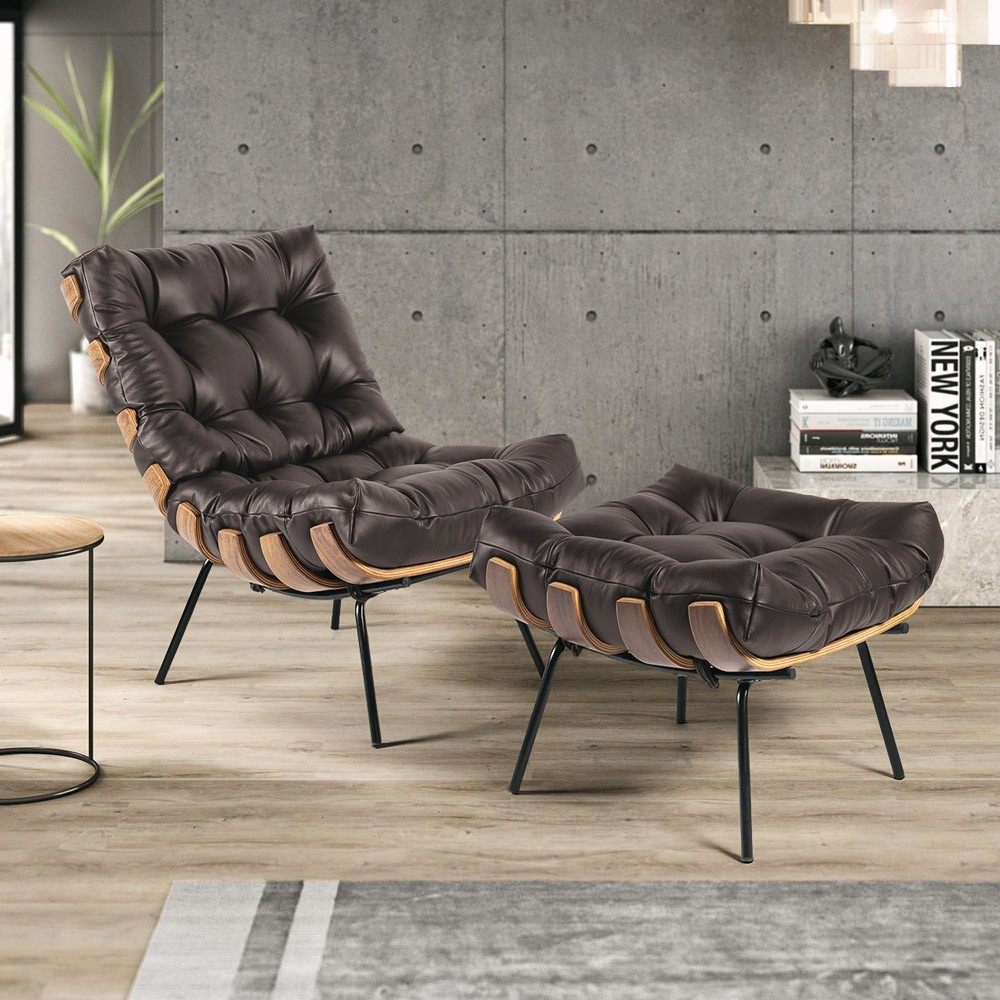 Poltrona e Puff Decorativos Sala de Estar Costela Couro Marrom G34 - Gran Belo