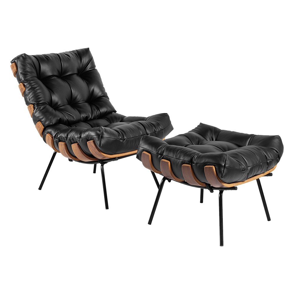Poltrona e Puff Decorativos Sala de Estar Costela Couro Preto G34 - Gran Belo