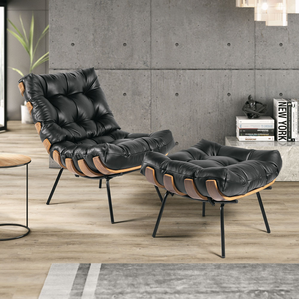 Poltrona e Puff Decorativos Sala de Estar Costela Couro Preto G34 - Gran Belo