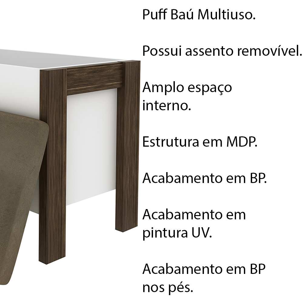 Puff Baú para Sala de Estar AZ1013 MDP Branco/Nogal G69 - Gran Belo