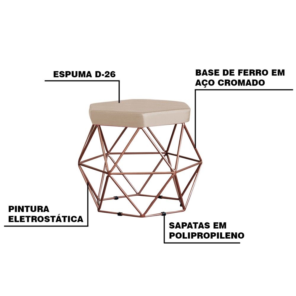 Puff Decorativo Base Bronze Elsa Suede Bege G41 - Gran Belo
