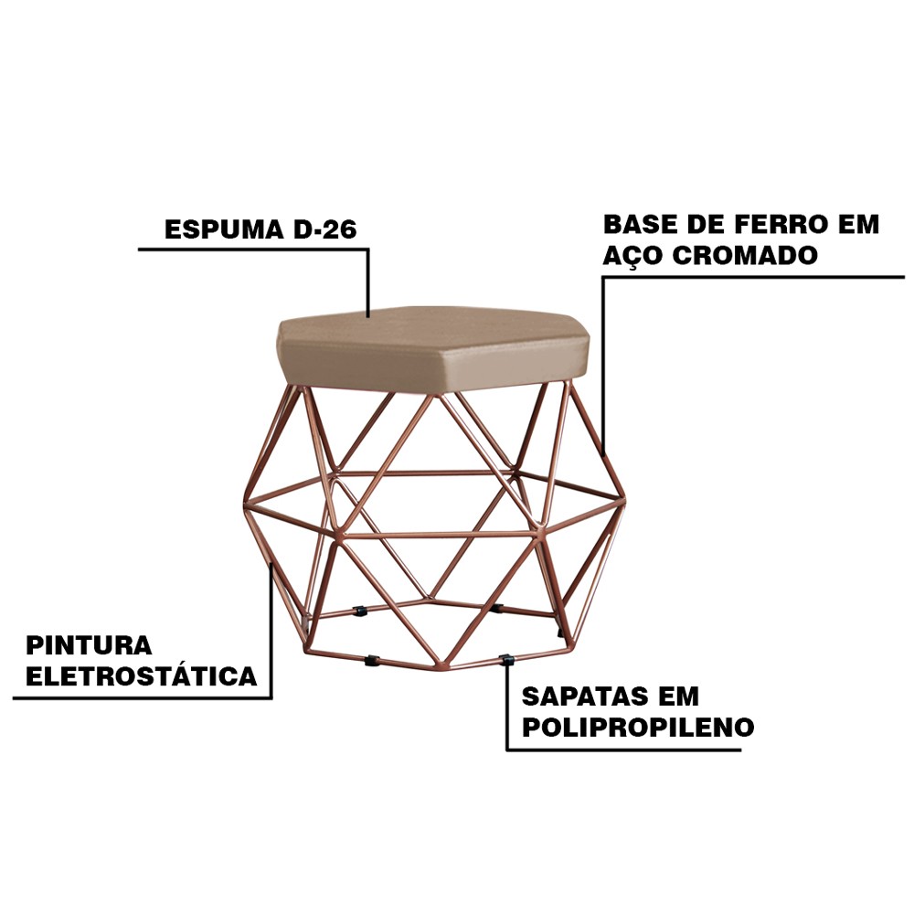 Puff Decorativo Base Bronze Elsa Suede Cappuccino G41 - Gran Belo