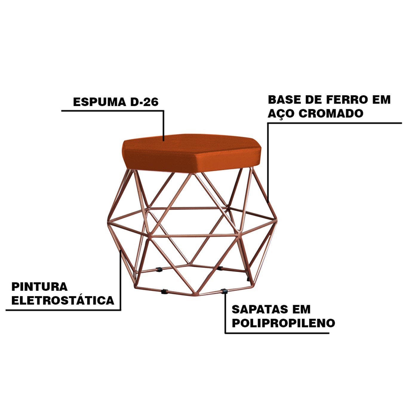 Puff Decorativo Base Bronze Elsa Suede Telha G41 - Gran Belo