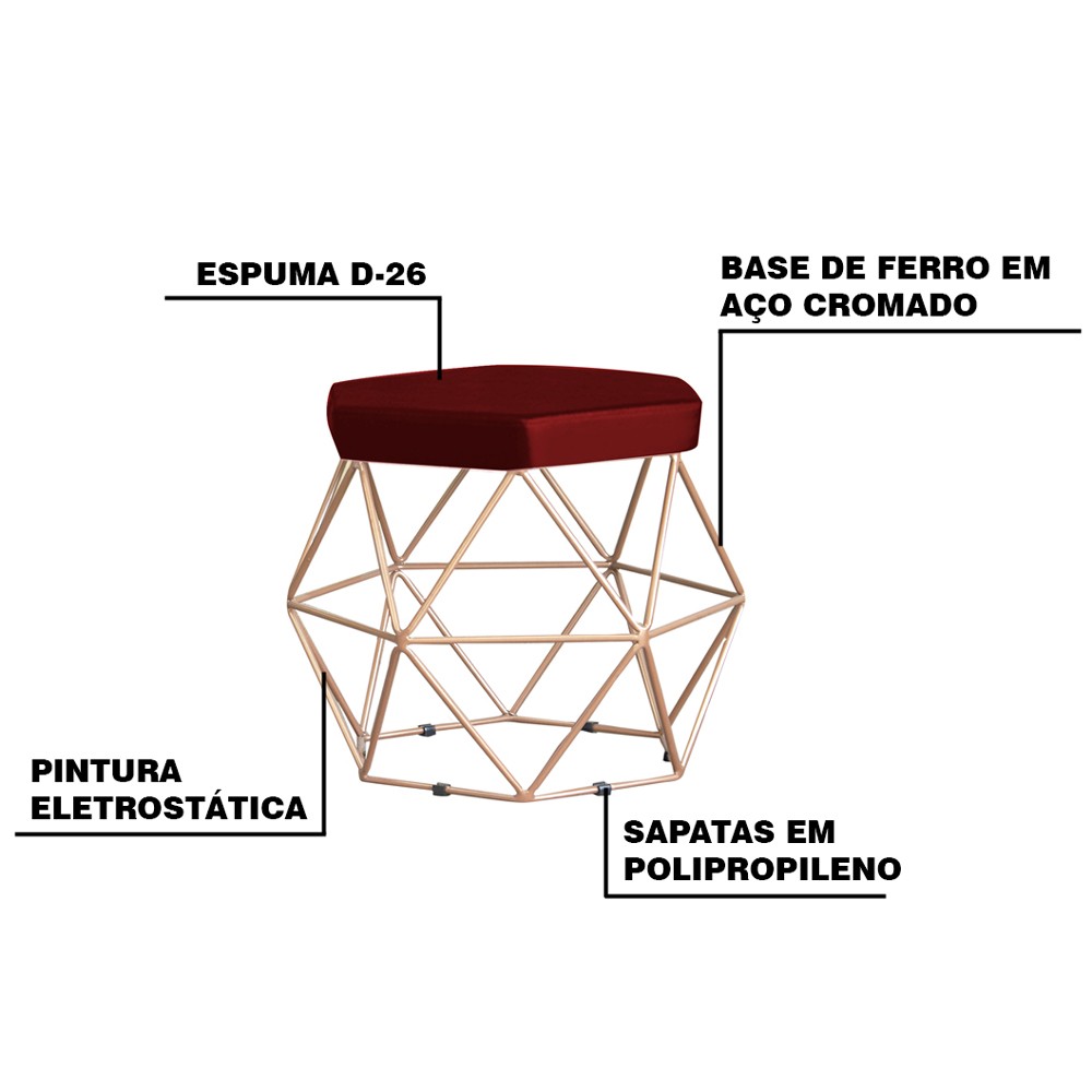 Puff Decorativo Base Gold Elsa Suede Bordô G41 - Gran Belo
