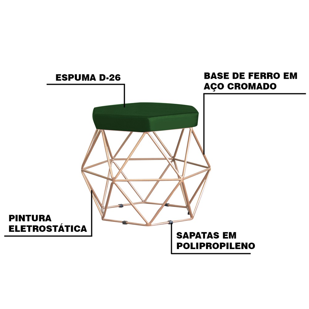 Puff Decorativo Base Gold Elsa Suede Verde G41 - Gran Belo