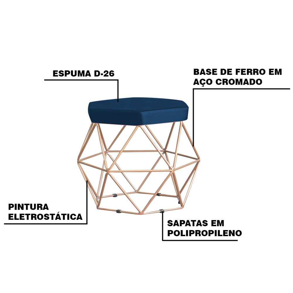 Puff Decorativo Base Gold Elsa Veludo Azul G41 - Gran Belo