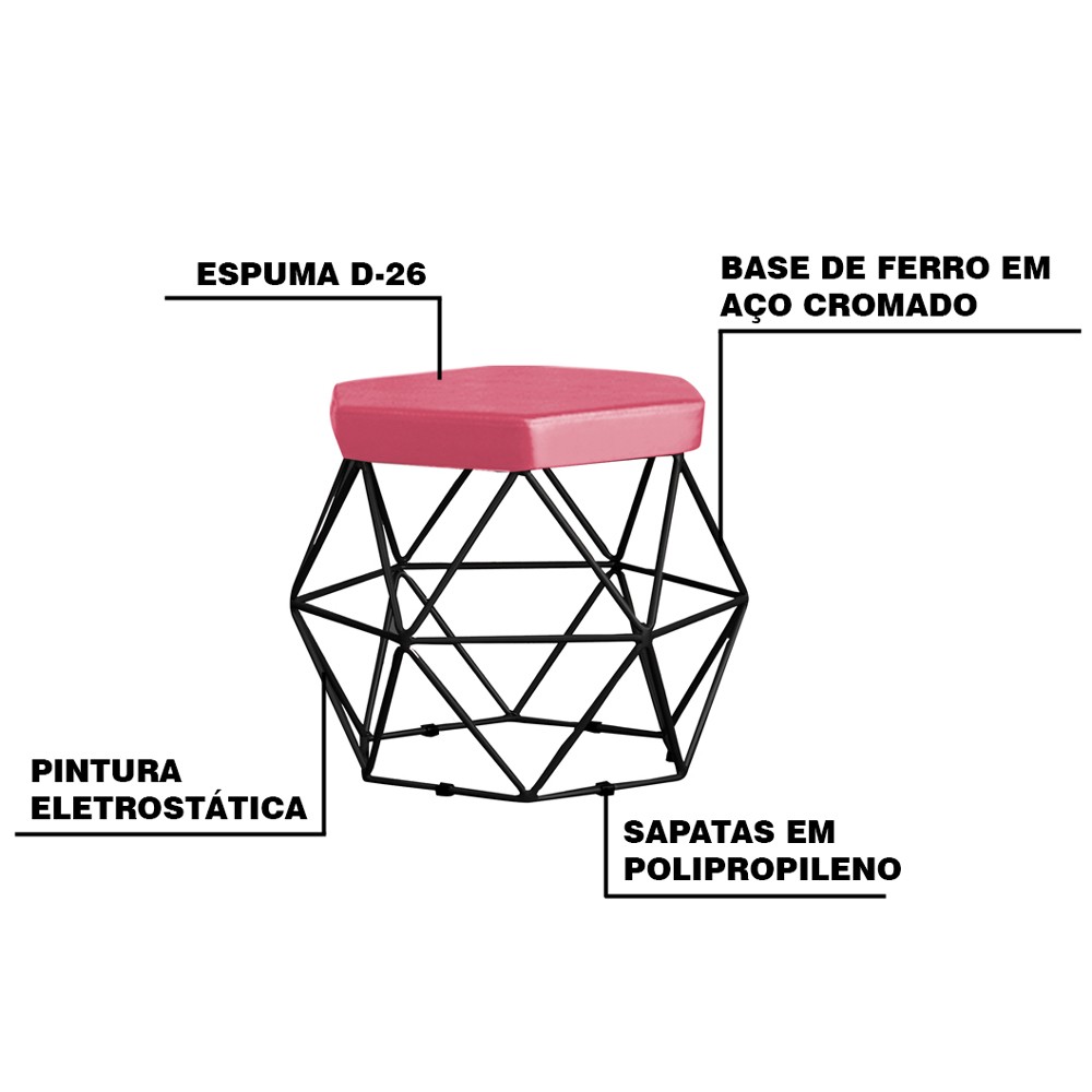 Puff Decorativo Base Preta Elsa Suede Rosa - Gran Belo