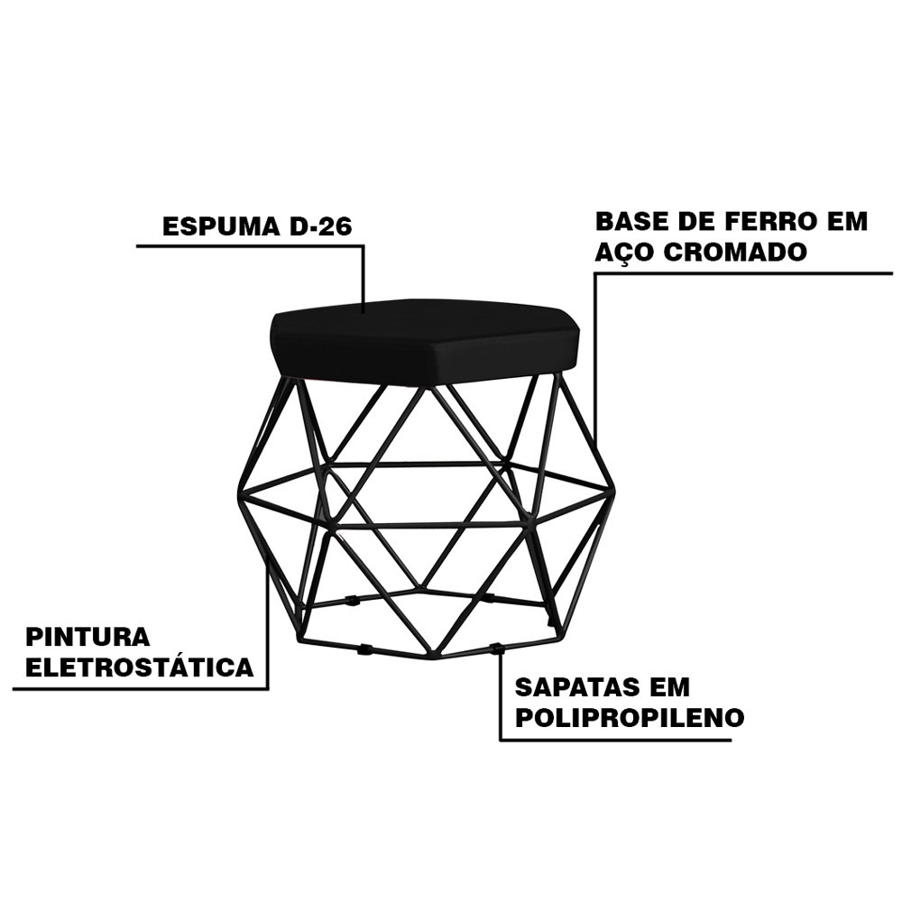 Puff Decorativo Base Preta Elsa Veludo Preto G41 - Gran Belo