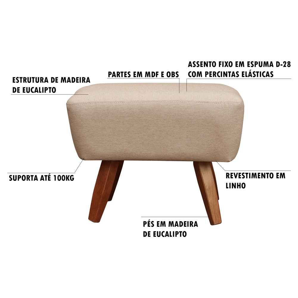 Puff Decorativo Naomi Linho Bege Pés Fixos G15 - Gran Belo