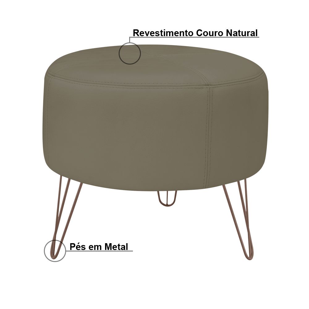 Puff Decorativo Redondo Pés Metal Couro Cinza - Gran Belo