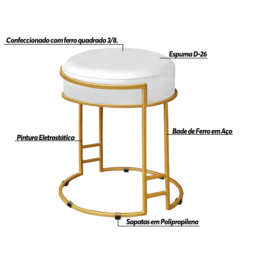 Puff Decorativo Redondo Sakura Base Metal Dourado Corano Branco G41 - Gran Belo