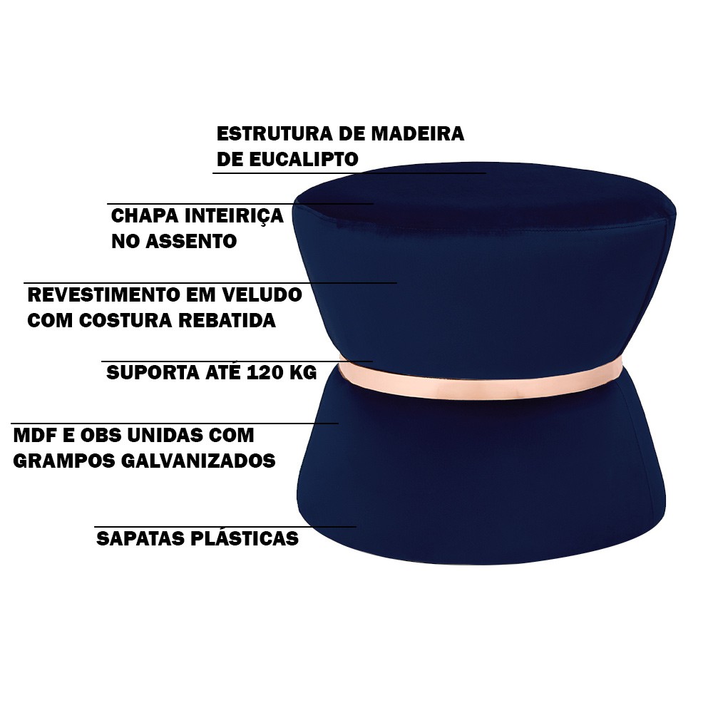 Puff Decorativo Sala de Estar 45cm Dhaka Veludo Azul Marinho G15 - Gran Belo