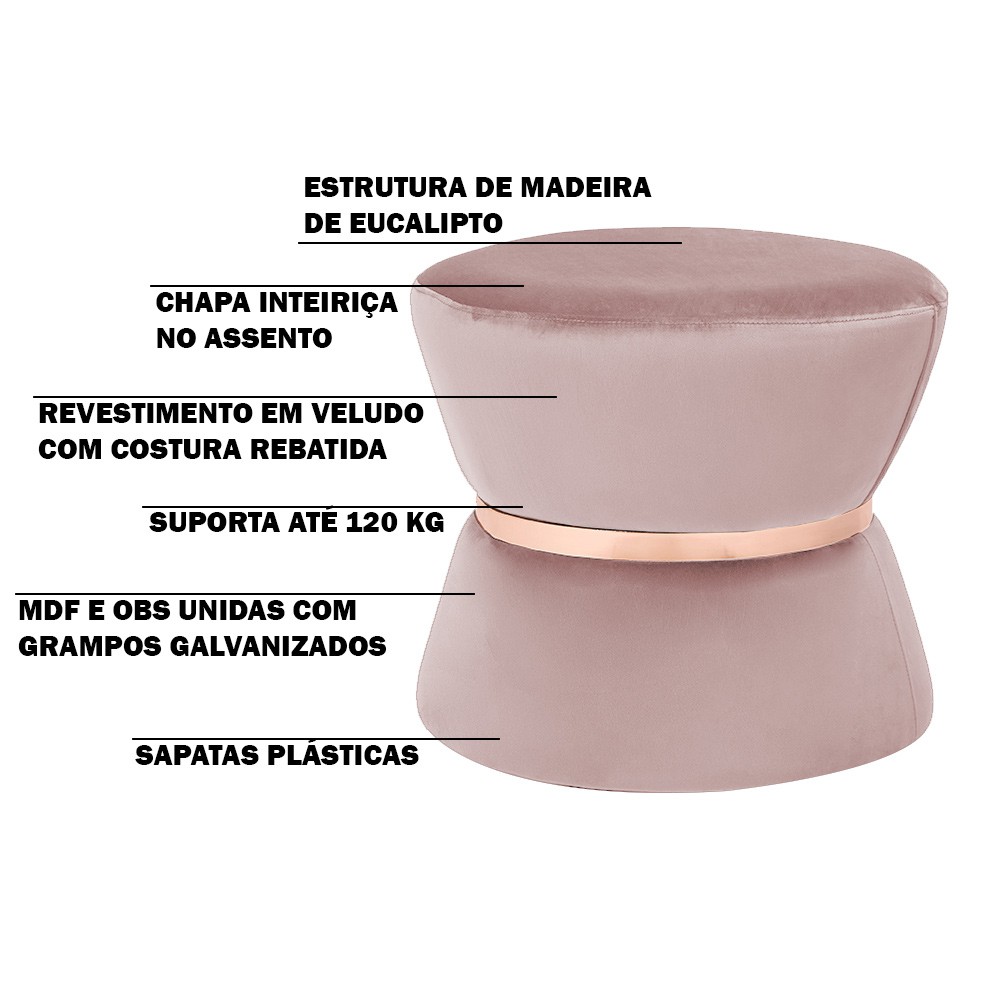 Puff Decorativo Sala de Estar 45cm Dhaka Veludo Rosê G15 - Gran Belo