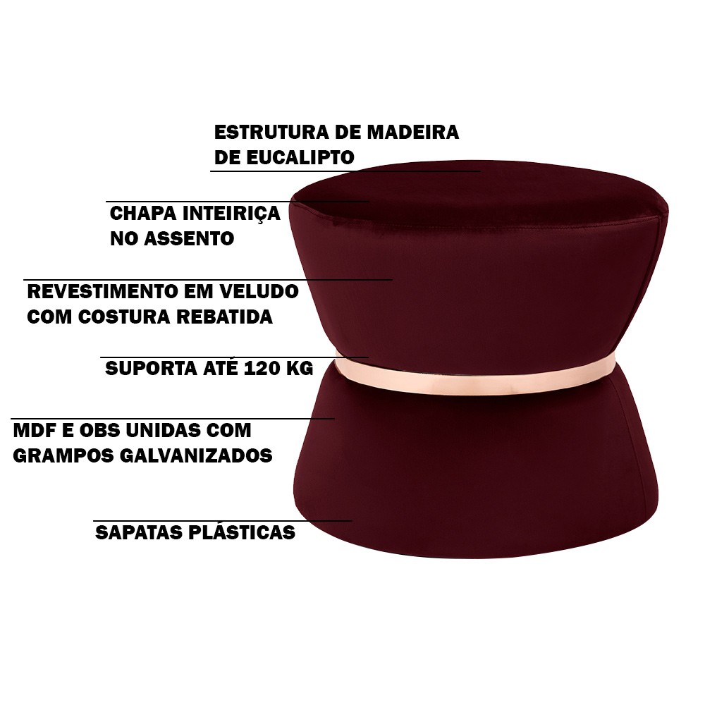 Puff Decorativo Sala de Estar 45cm Dhaka Veludo Vinho G15 - Gran Belo