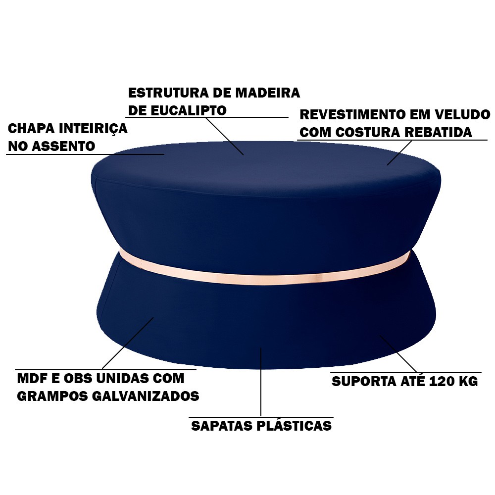 Puff Decorativo Sala de Estar 95cm Dhaka Veludo Azul Bic G15 - Gran Belo
