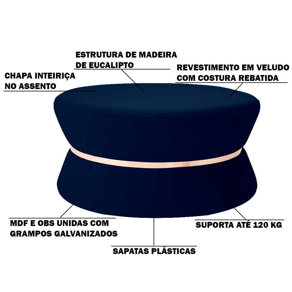 Puff Decorativo Sala de Estar 95cm Dhaka Veludo Azul Marinho G15 - Gran Belo