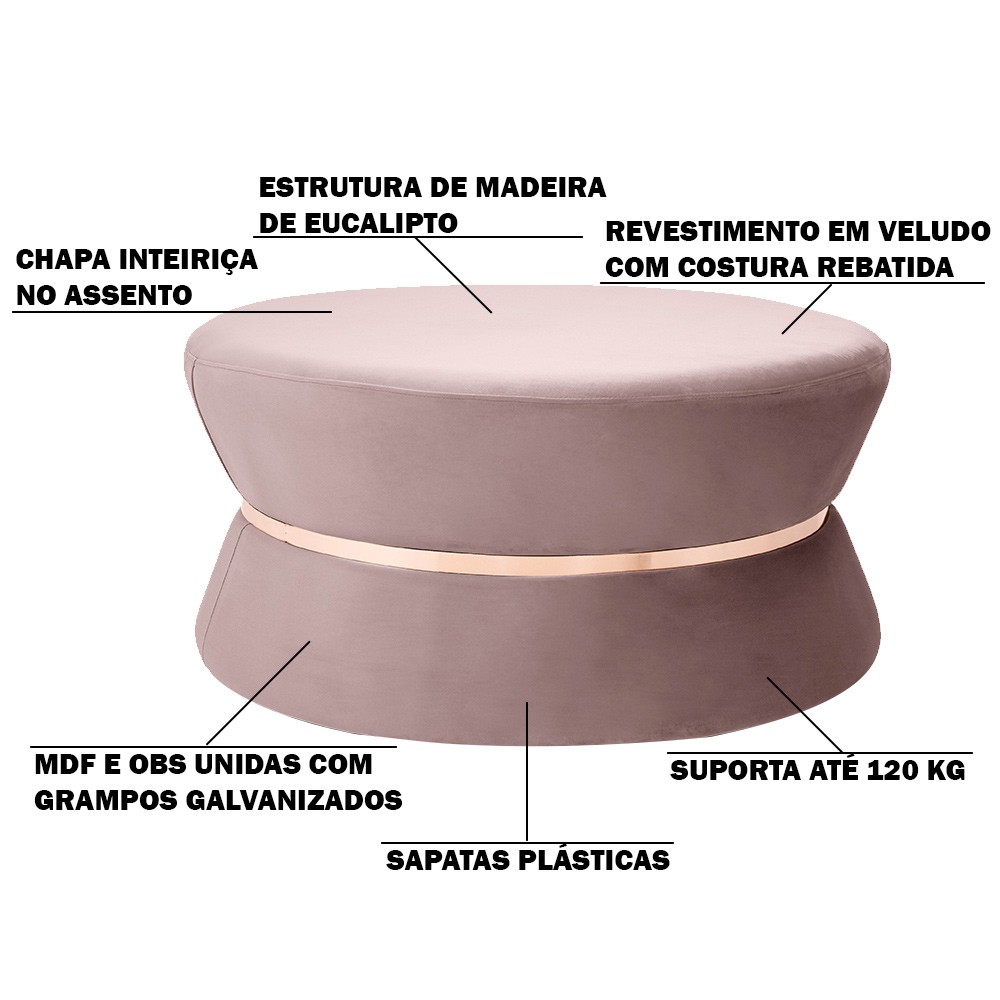 Puff Decorativo Sala de Estar 95cm Dhaka Veludo Rosê G15 - Gran Belo