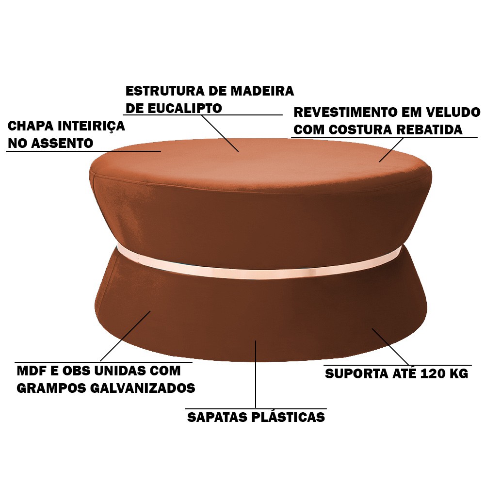 Puff Decorativo Sala de Estar 95cm Dhaka Veludo Telha G15 - Gran Belo
