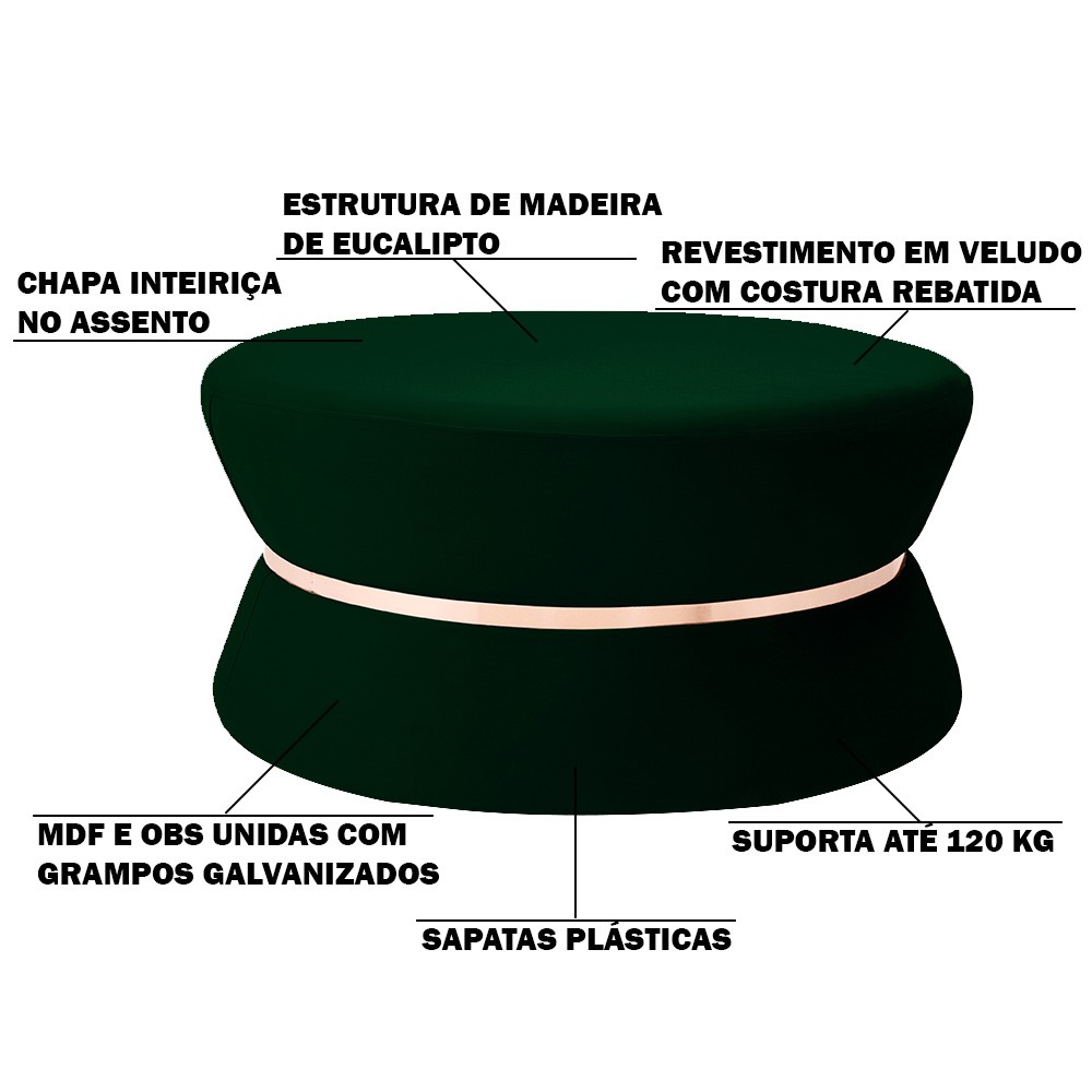 Puff Decorativo Sala de Estar 95cm Dhaka Veludo Verde G15 - Gran Belo