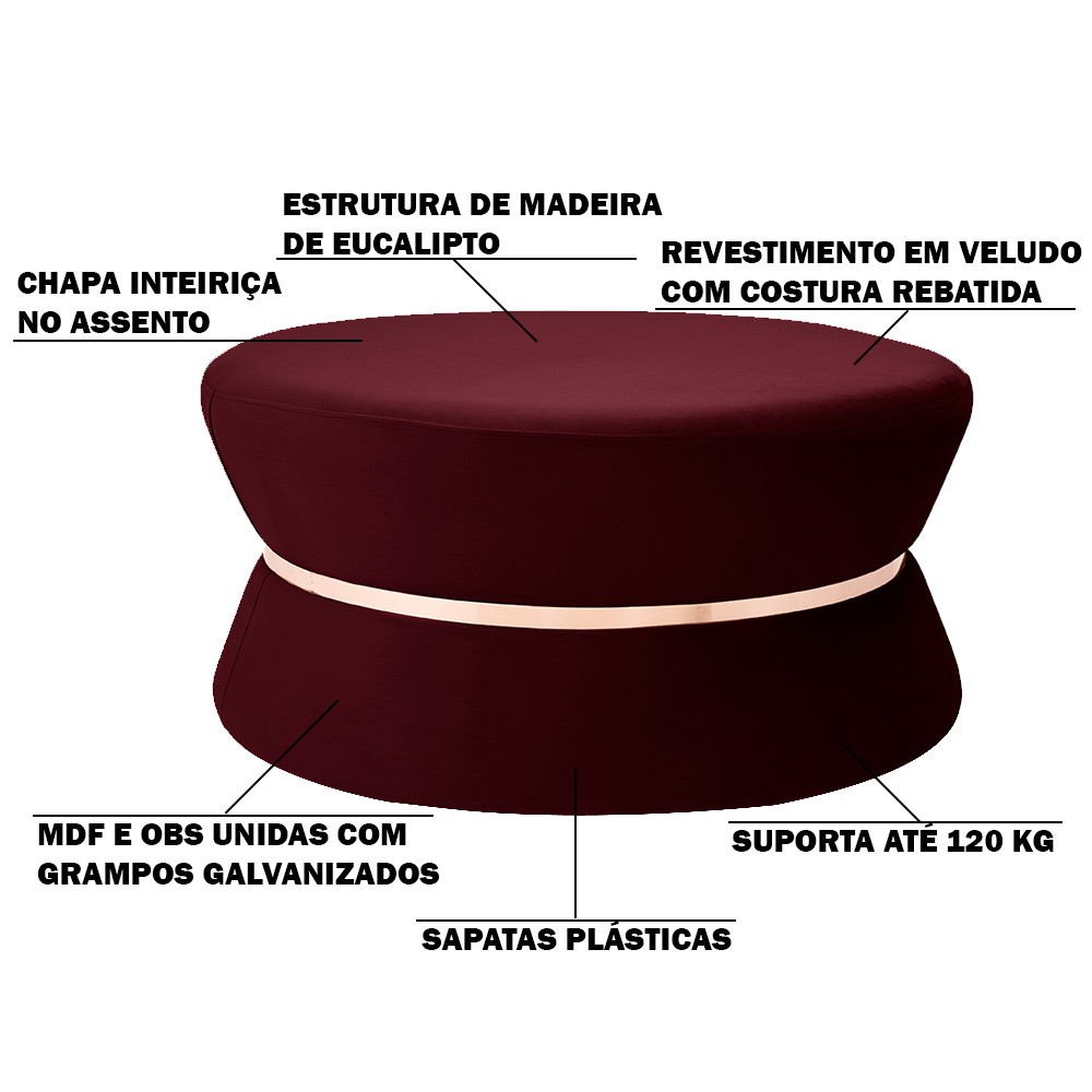Puff Decorativo Sala de Estar 95cm Dhaka Veludo Vinho - Gran Belo 